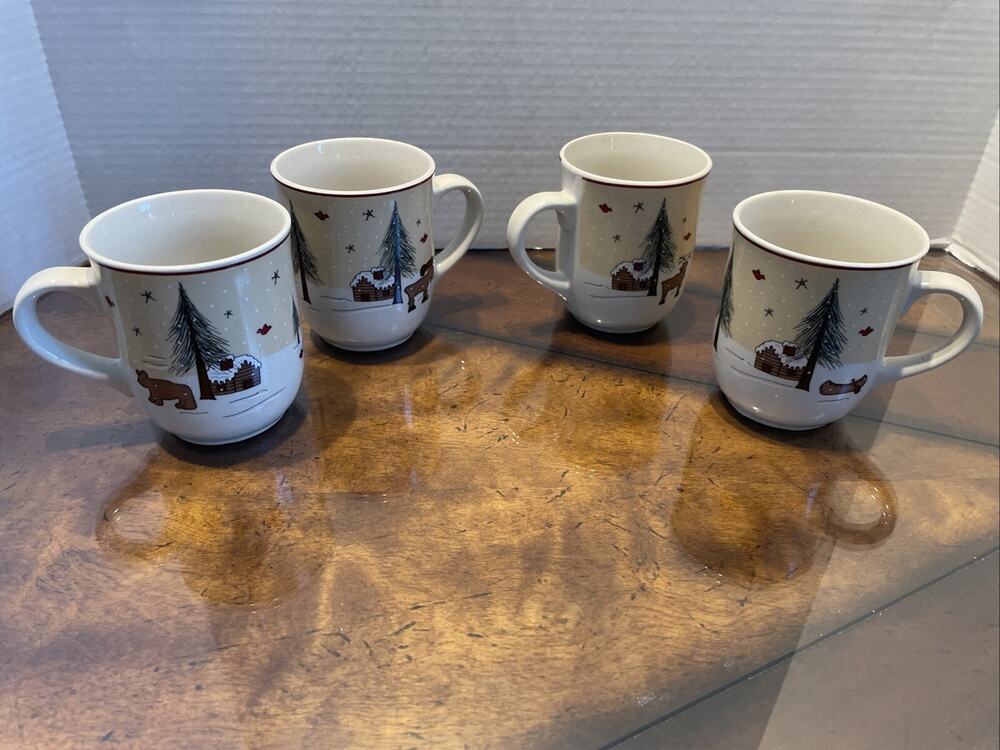 Vtg Meiwa Art Ginger Creek Winter Cabin Mugs Deer Moose Bear Canoe Birds Set/4